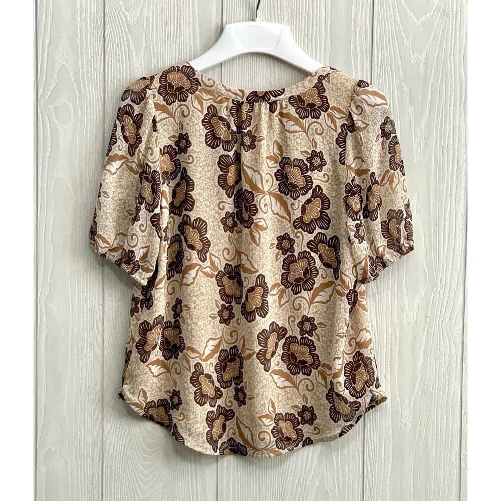 Loft Petites Floral Brown Puff Sleeve Top XSP - Picture 5 of 5